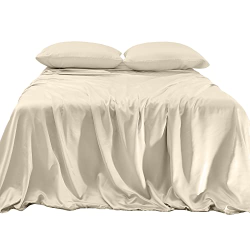 Elegant Comfort Luxurious 4-Piece Silky Satin Sheet Set, Skin and Hair Friendly, Wrinkle, Fade, Stain Resistant with Deep Pockets Fitted Sheet, Cooling Soft Satin Sheet Set, King, Cream