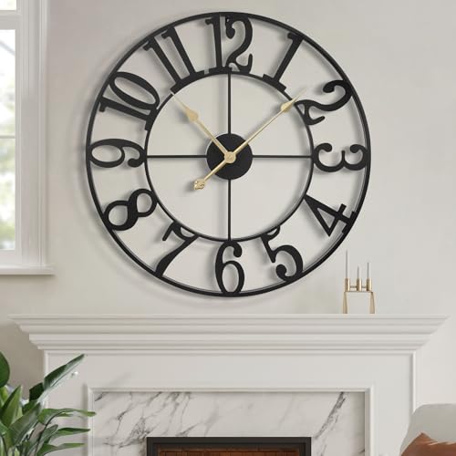 Large Black Wall Clock 24 Inch Retro Decorative Oversized Farmhouse Arabic Numerals Silent Non-Ticking Kitchen Clocks Wall Battery Operated Metal Wall Clocks for Living Room, Classroom, Office Decor