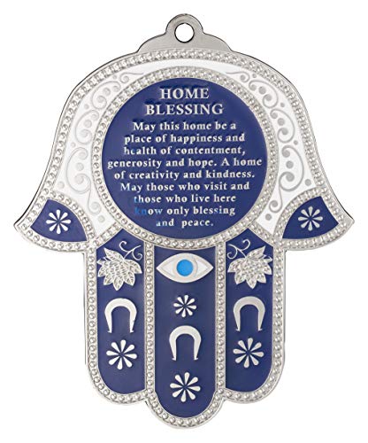A&S Mezuzot Hamsa Wall Art Evil Eye Amulet Protection Amulet House/Business Lucky Charm in English/Hebrew Blessing (Blue/White with Eye, English Blessing)