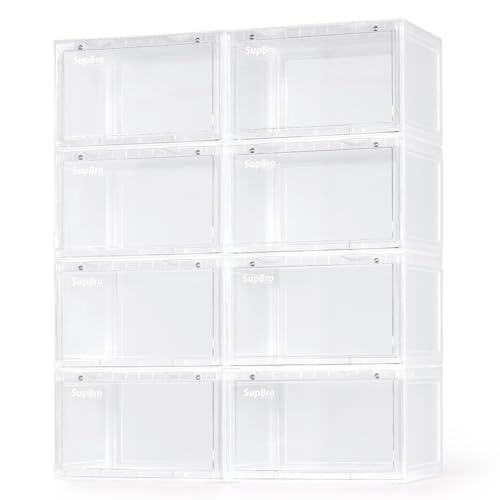 SupBro Collection Crate - Easy Access Storage Shoes Box -Plastic Foldable Stackable Sneaker Display Storage with Clear Side Open Door Organizer-8 Pack(Transparent)