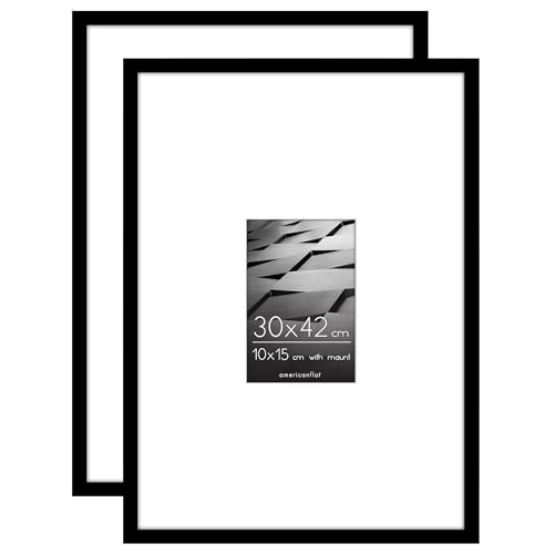 Americanflat Picture Frame 30 x 42 cm Black (Pack of 2) - Picture Frame 10 x 15 cm with Mount - Made of Plastic with Polished Plexi Panel