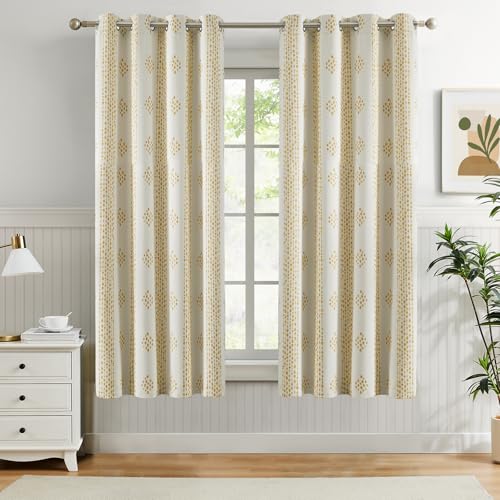 "Melodieux Boho Blackout Curtains 63 Inch Length for Bedroom, Living Room Darkening Yellow Striped Curtains, 80% Blackout Thermal Insulated Vintage Cotton Textured Drapes 2 Panels, 52"" W x 63"" L"