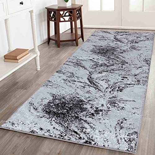 Serdim Rugs Serenity Modern Abstract Water Flow Grunge Textured Contemporary Runner Area Rugs, Black, 60 x 220cm