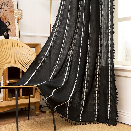 "Sutuo Home Black Boho Curtains 84 inches Long for Bedroom Nursery, Light Filtering Farmhouse Easter Hollow Chic Tassels Window Treatment Bohemian Embroidery Drape Rod Pocket 1 Panel 52"" W x 84"" L"