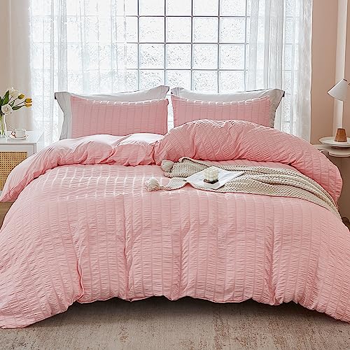 AveLom Blush Pink Seersucker Duvet Cover Set King Size (104 x 90 inches), 3 Pieces (1 Duvet Cover + 2 Pillow Cases), Ultra Soft Washed Microfiber, Textured Duvet Cover with Zipper Closure, Corner Ties