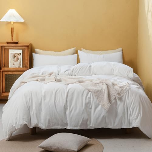 FOSSA Duvet Cover Set 100% Washed Cotton Linen Feel Super King Plus - Super Soft Breathable Lightweight & All Season Bedding Set with Hidden Zipper & 8 Corner Ties (OffWhite)