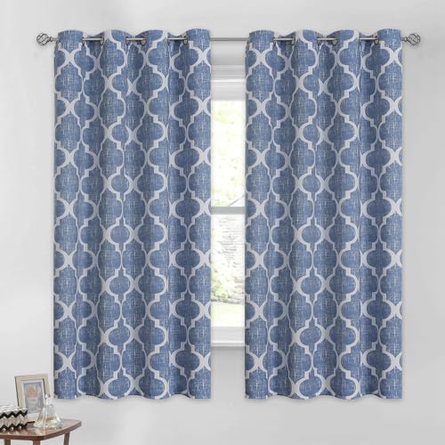 Beauoop Moroccan 100% Blackout Curtains Bedroom Blue 50x45 2 Panels - Geometric Room Darkening Drapes for Living Room 45 Inch Long Thermal Insulated Soundproof Lattice Window Treatment Grommet