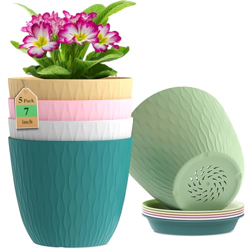 WSMKSZ 7 inch Plant Pots, 5 Pack Flower Pots with Drainage Holes and Saucers for Indoor Plants, Plastic Planters with Water Ripple for Small Garden House Plants, Nursery Pots for Succulent, Colorful