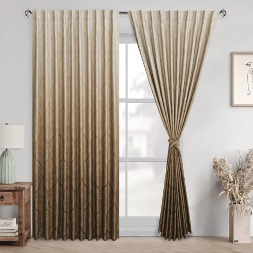 DWCN Ombre Room Darkening Curtains for Bedroom - Back Tab Damask Design 84 inches Long Thermal Insulted Tieable Window Drapes Light Blocking Curtains for Living Room, 2 Panels, W80 x L84, Taupe