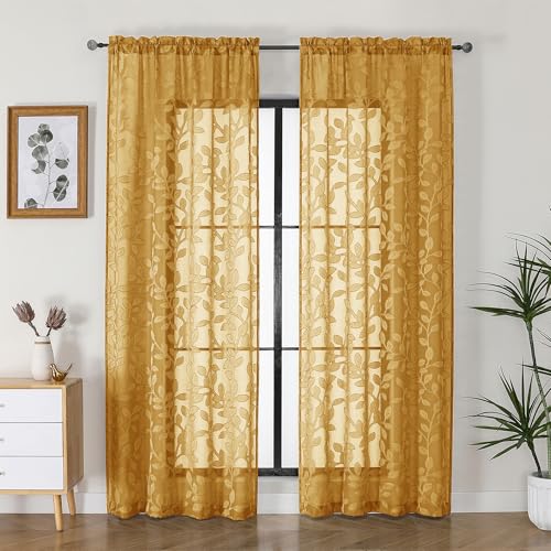 OVZME Gold Sheer Curtains 84 inches Long 2 Panels for Living Room, Jacquard Clip Leaf Pattern Textured Light Filtering Window Semi Sheer Voile Drapes for Bedroom, Each Panel 42 x 84 Inch