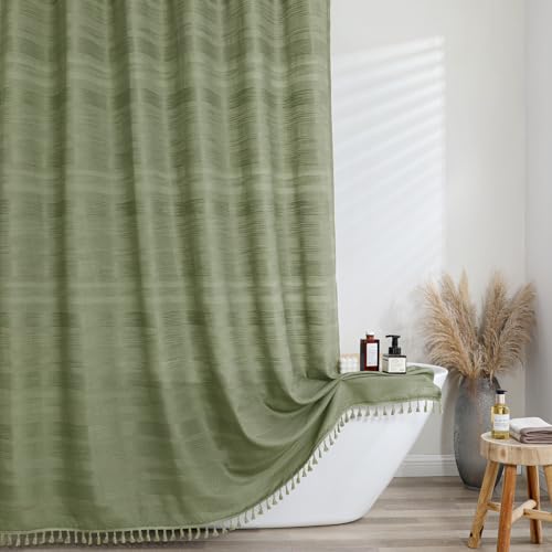 OVZME Extra Long Sage Green Shower Curtain 96 Inch Long, Boho Linen Textured Soft Fabric Heavy Duty Cloth Bathroom Shower Curtain with Tassel, Tall Farmhouse Luxury Bath Decor, 72Wx96L Inches