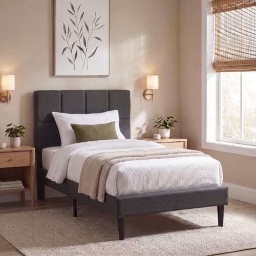 Vida Designs Velmora Single Fabric Bed Frame - Dark Grey Linen - 101-110H x 97.5W x 195.5D cm - Soft Cushioned & Adjustable Headboard - Underbed Storage - Slatted Base - Minimalist Style