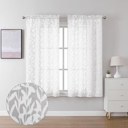 Lecloud Leia Semi-Sheer, Textured Curtains, Set of 2 Panels, Double Rod Pockets, Leaf Pattern, Living Room, Bedroom, Kitchen Cabinet, Country House, 38W x 54L inches, White