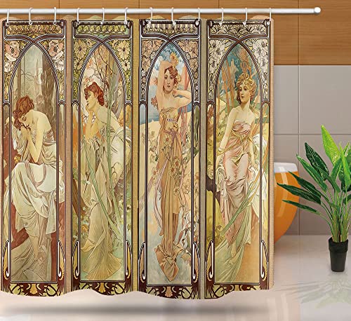NTETSN Art Nouveau Lady Shower Curtain, Aesthetic Art Times of The Day, Night's Rest, Evening Reverie, Daybreak, Morning Awakening Fabric Shower Curtains with Hooks YLYYNT2418 (7272)