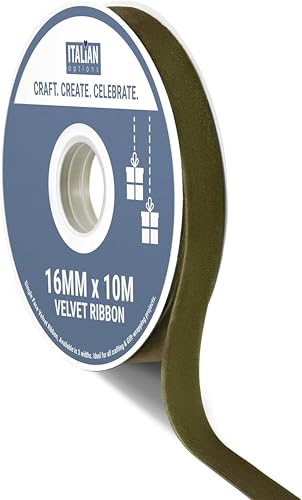 Italian Options Velvet Ribbon, Luxury, Single-Face Velvet Ribbon for Crafting, Christmas, Bows, Hair, Cakes, Weddings, Ornaments, Gift Wrapping, Flowers, 16mm x 10 Metre Roll, Moss Green