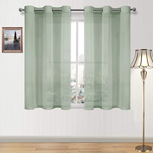 DWCN Bean Green Sheer Curtains for Living Room Bedroom - Faux Linen Look Voile Drapes Grommet Top Window Curtain Panel 46 x 54 Inch Length, Set of 2 Panels