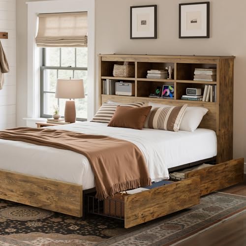VECELO 4FT6 Double Bed Frame with Storage, 135 × 190 cm Heavy-Duty Platform Bed with Charging Station, Bookcase Headboard and 4 Underbed Drawers, Steel Slat Support, No Box Spring Needed