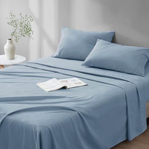 "Comfort Spaces 100% Cotton Sheet Set Breathable, Lightweight, Soft with 14"" Elastic Pocket Fits up to 16"" Mattress, All Season Cozy Bedding, Matching Pillow Case, Cal King Blue 4 Piece"