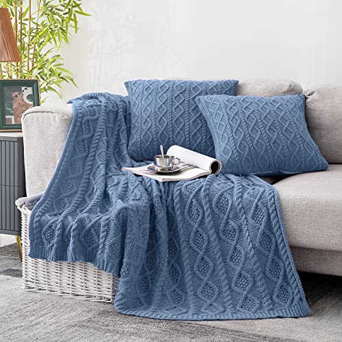 "Homiest Cable Knit Throw Blanket & Pillow Set, Dusty Blue Set of 3, 50""x60"" Blanket & 2 x 18""x18"" Pillow Covers, Soft & Cozy Decorative Set for Couch, Bed, Sofa"