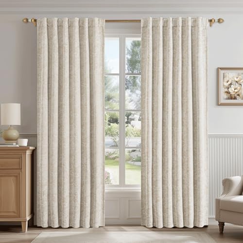 Beauoop Beige Floral Jacquard Blackout Curtains for Bedroom 52x90 2 Panels - Flower Chenille Room Darkening Drapes for Living Room 90 Inch Long Thermal Insulated Soundproof Window treatment Rod Pocket