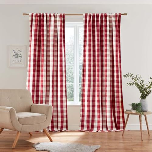 ENJOYBRIDAL Red Plaid 96 Inch Curtains for Bedroom Semi Sheer Drapes Patterned Living Room Long Rod Pocket Window Curtain Panels Rustic Boho Farmhouse Light Filtering 2 Panels Window Treatments