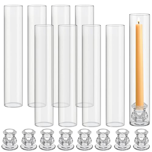 "Teenyyou 8 Set Glass Hurricane Candle Holders 12.6"" Open Ended Glass Candleholder Tube Shape Bottomless and 2.2"" Taper Clear Candlestick Holders for Wedding Party Table Centerpiece (Clear)"
