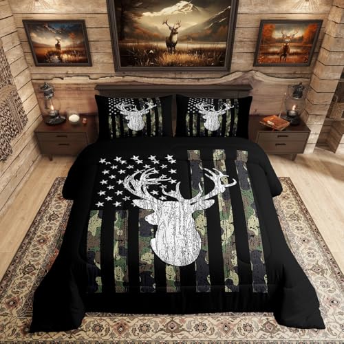 Deer Camo Comforter Set Queen Antlers Hunting Camo Bedding Sets for Teen Boys Men Camouflage American Flag Bed Comforter Set,Western Farmhouse Wild Animal Bedding Quilt Black White Home Decor 3 Pcs