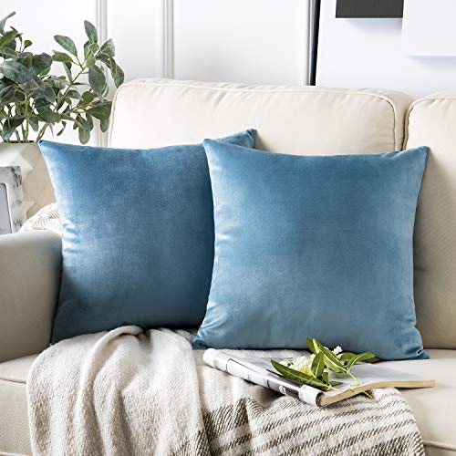 Phantoscope Pack of 2 Velvet Decorative Throw Pillow Covers Soft Solid Square Cushion Case for Couch Blue 20 x 20 inches 50 x 50 cm