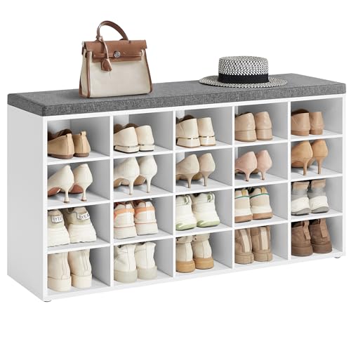 VASAGLE Shoe Bench, Storage Bench with Padded Seat, with Cushion, 20 Compartments, Adjustable Shelves, for Living Room, Hallway, 120 x 30.5 x 62.7 cm, Linen White and Serene Grey LHS045WB02