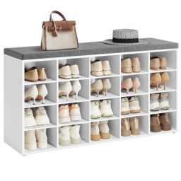 VASAGLE Shoe Bench, Storage Bench with Padded Seat, with Cushion, 20 Compartments, Adjustable Shelves, for Living Room, Hallway, 120 x 30.5 x 62.7 cm, Linen White and Serene Grey LHS045WB02