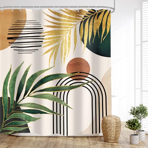 Boho Green Gold Shower Curtain Mid Century Tropical Bathroom Curtain Set - Palm Leaf Abstract Arch Bohemian Plant Botanical Minimalist 60Wx72L Bathroom Decor Waterproof Fabric with Free Hooks