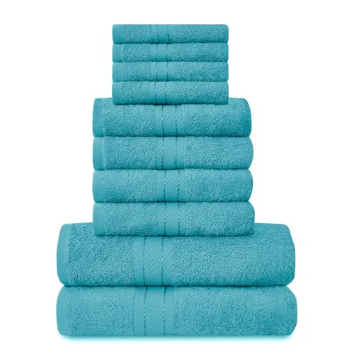 GC GAVENO CAVAILIA 10 Piece Towel Bale Set - Quick Drying Cotton Towel Highly Absorbent 450 GSM Teal Towels Set - Bathroom Towels Bale Set 4x Face 4x Hand 2x Bath Towels