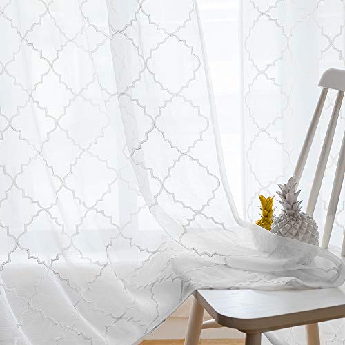 "MYSTIC-HOME Floral Sheer Curtains White 63 Inch Length, Rod Pocket Voile Drapes Bedroom, Semi Crinkle Curtain Panels Set of 2, Trellis White, 52"" Wx95 L"