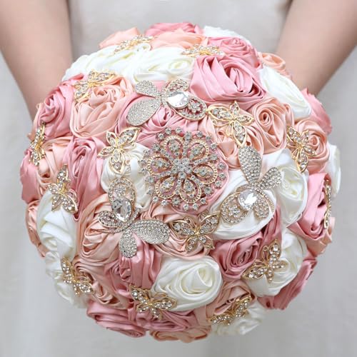"Mhojpik Handmade Wedding Flowers Bouquet Round Holding Bridal Bouquet Toss Artificial Rose Bunch for Bride Bridesmaid Wedding Quinceanera (Blush, Peach Pink & Ivory, 9.8"")"