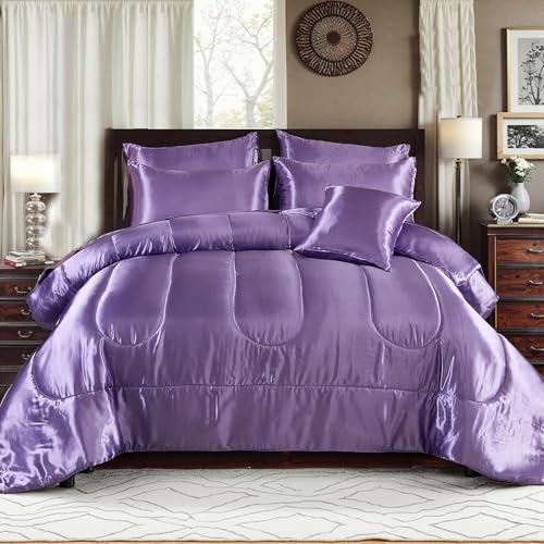 Bedding_Dreamer Satin Comforter with Purple Sheet Set King Size 8 Pcs Silk Like Bedding Silky Bed-in-a-Bag Luxury Hotel Soft Comforter Set with 1 Cushion Cover Bed Set