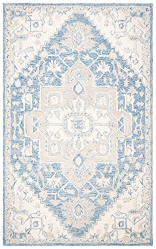 Safavieh Traditional Rug for Living Room, Dining Room, Bedroom - Micro-Loop Collection, Short Pile, in Blue and Ivory, 60 x 110 cm