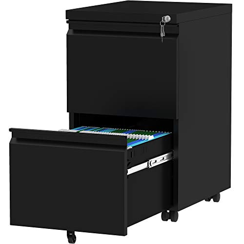 YITAHOME Rolling Container with Lockable 2 Drawers, Mobile Filing Cabinet with Wheels for A4, Legal, Letter, Metal Office Cabinet for Home Office, Hanging Filing, Black, 51 x 39 x 71 cm