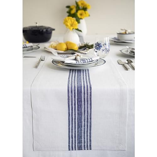 Solino Home 100% Pure Linen Table Runner, 14 x 90 in, Navy and White Stripe - for dining, home decor, party, wedding, Farmhouse, indoor outdoor, gift, OEKO-TEX Certified - Fall, Thanksgiving, Christmas