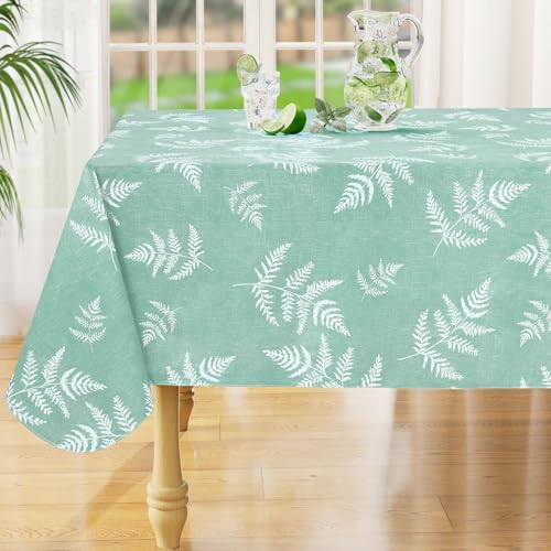 "misaya Rectangle Waterproof Vinyl Table Cloth, Wipeable Tablecloth with Flannel Backing, Plastic Table Cover for Dinner, Picnic, Indoor and Outdoor (Light Green Leaves, 54"" x 54"")"