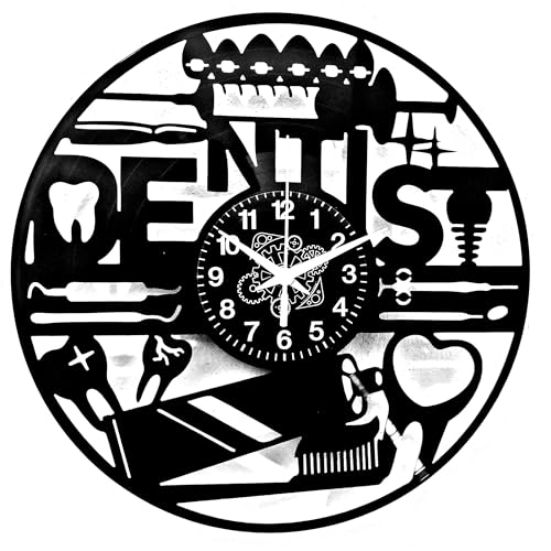 Instant Karma Clocks - Dentist Wall Clock - Dental Instruments Design - Dental Practice Decoration - Modern Medical Furniture - Gift Idea for Dentists (Black-Vinyl)