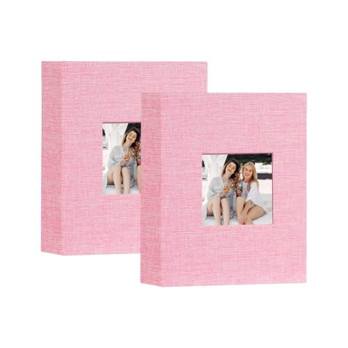 Artmag Mini Photo Album 4x6 50 Pockets 2 Pack, Linen Cover with Front Window Album Each Holds 52 Vertical Photos for Family Wedding Baby Children (Pink)