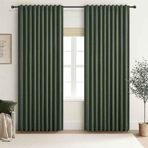 "Dark Olive Green Curtains 70 Inch Length Extra Wide Pleated Black Out 84 Inch Long for Living Room, Linen Thick Sliding Glass Door Heavy Duty Insulated Large Window Drapes (70""Wx84""Lx 2Panels Loden)"