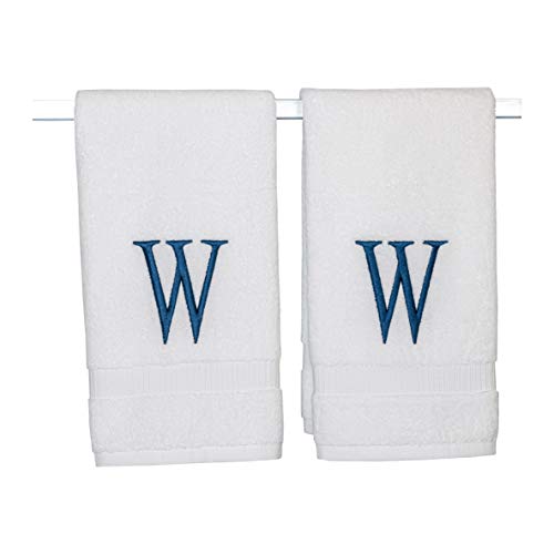 Monogrammed Hand Towels for Bathroom - Luxury Hotel Quality Personalized Initial Decorative Embroidered Bath Towel for Powder Room, Spa - GOTS Organic Certified - Set of 2 Navy Letter W