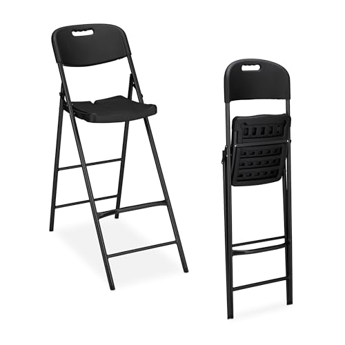 Relaxdays High Folding Stool, Set of 2, 118 cm, Chair with Backrest and Footrest, Plastic and Steel, Black