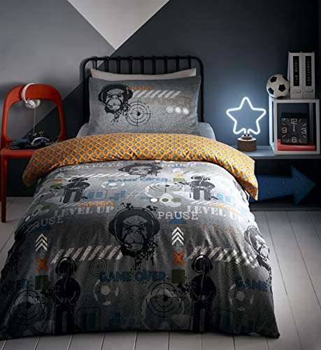 HomeSpace Direct Level Up Kids Duvet Cover Set Gamer Reversible Easy Care Bedding Childrens Video Game Bed Linen with Pillowcases -Double