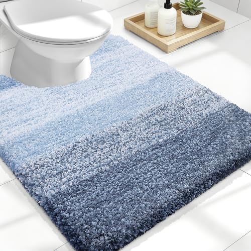 OLANLY Luxury Toilet Rugs U-Shaped 24x20, Extra Soft and Absorbent Microfiber Bathroom Rugs, Non-Slip Plush Shaggy Toilet Bath Mat, Machine Wash Dry, Contour Bath Rugs for Toilet Base, Blue