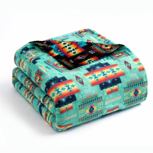 Sacred Thread Aztec Blanket Fleece, Reversible Native American Blanket, Western Throw, Native American Western (Teal Flannel), Full (60???x80???)