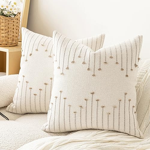 LILEPOY Boho Throw Pillow Covers 18x18 Set of 2 Neutral Decorative Textured Cushion Case Farmhouse Pillowcase Modern Square Pillow Covers for Sofa,Couch, Living Room,Beige and Khaki