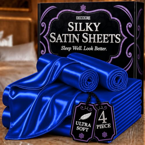 DECOLURE Satin Sheets Full Size Set 4 Pcs - Silky & Luxuriously Soft Satin Bedding Sheets w/ 15 inch Deep Pocket - Double Stitching, Wrinkle Free (Blue)