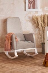 Obaby High Back Rocking Chair – Stone Fabric Upholstered Nursery & Living Room Rocker with Padded Seat and Solid Wooden Legs